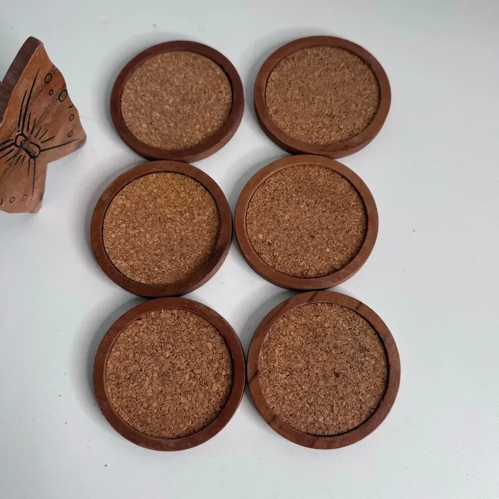 Vintage Boho Wood Butterfly Coaster Holder with Wood And Cork Inserts Set of 6